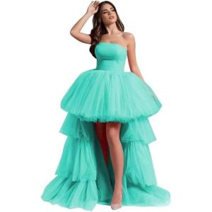 imageHigh Low Tulle Prom Dresses Long Strapless Tiered Formal Dresses A Line Evening Dress with TrainTurquoise
