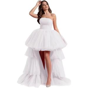 imageHigh Low Tulle Prom Dresses Long Strapless Tiered Formal Dresses A Line Evening Dress with TrainWhite