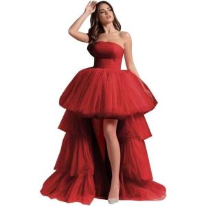 imageHigh Low Tulle Prom Dresses Long Strapless Tiered Formal Dresses A Line Evening Dress with TrainWinered