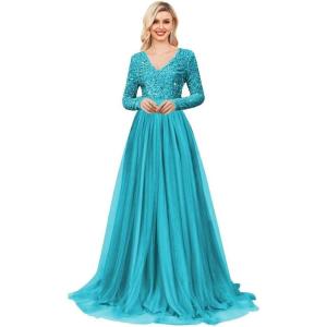 imageLong Sleeve Sequin Prom Dresses for Women A Line Ball Gown V Neck Tulle Formal Dress Sparkly Evening GownsAqua