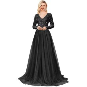 imageLong Sleeve Sequin Prom Dresses for Women A Line Ball Gown V Neck Tulle Formal Dress Sparkly Evening GownsBlack