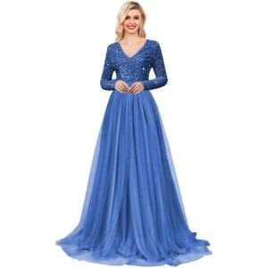 imageLong Sleeve Sequin Prom Dresses for Women A Line Ball Gown V Neck Tulle Formal Dress Sparkly Evening GownsBlue