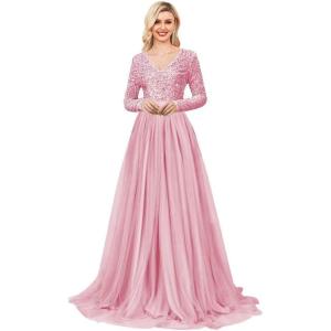 imageLong Sleeve Sequin Prom Dresses for Women A Line Ball Gown V Neck Tulle Formal Dress Sparkly Evening GownsBlush Pink