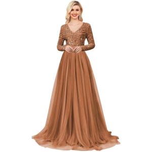 imageLong Sleeve Sequin Prom Dresses for Women A Line Ball Gown V Neck Tulle Formal Dress Sparkly Evening GownsBrown