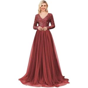 imageLong Sleeve Sequin Prom Dresses for Women A Line Ball Gown V Neck Tulle Formal Dress Sparkly Evening GownsBurgundy