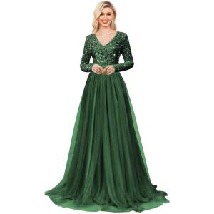imageLong Sleeve Sequin Prom Dresses for Women A Line Ball Gown V Neck Tulle Formal Dress Sparkly Evening GownsDark Green