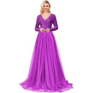 imageLong Sleeve Sequin Prom Dresses for Women A Line Ball Gown V Neck Tulle Formal Dress Sparkly Evening GownsFuchsia
