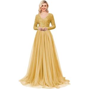 imageLong Sleeve Sequin Prom Dresses for Women A Line Ball Gown V Neck Tulle Formal Dress Sparkly Evening GownsGold