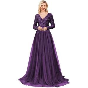 imageLong Sleeve Sequin Prom Dresses for Women A Line Ball Gown V Neck Tulle Formal Dress Sparkly Evening GownsGrape