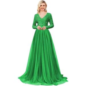 imageLong Sleeve Sequin Prom Dresses for Women A Line Ball Gown V Neck Tulle Formal Dress Sparkly Evening GownsGreen