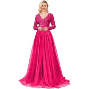 imageLong Sleeve Sequin Prom Dresses for Women A Line Ball Gown V Neck Tulle Formal Dress Sparkly Evening GownsHot Pink