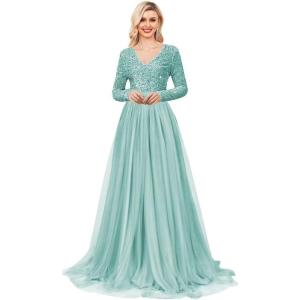 imageLong Sleeve Sequin Prom Dresses for Women A Line Ball Gown V Neck Tulle Formal Dress Sparkly Evening GownsIce Blue