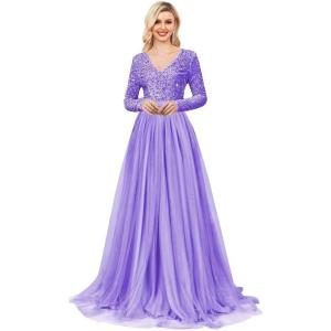 imageLong Sleeve Sequin Prom Dresses for Women A Line Ball Gown V Neck Tulle Formal Dress Sparkly Evening GownsLavender
