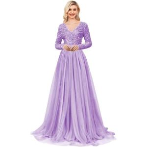 imageLong Sleeve Sequin Prom Dresses for Women A Line Ball Gown V Neck Tulle Formal Dress Sparkly Evening GownsLilac
