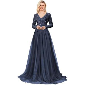 imageLong Sleeve Sequin Prom Dresses for Women A Line Ball Gown V Neck Tulle Formal Dress Sparkly Evening GownsNavy Blue
