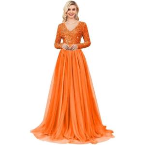 imageLong Sleeve Sequin Prom Dresses for Women A Line Ball Gown V Neck Tulle Formal Dress Sparkly Evening GownsOrange