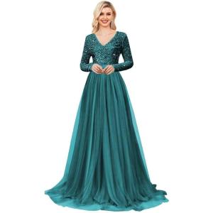 imageLong Sleeve Sequin Prom Dresses for Women A Line Ball Gown V Neck Tulle Formal Dress Sparkly Evening GownsPeacock