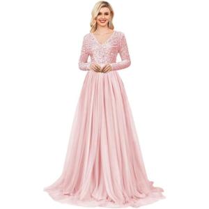 imageLong Sleeve Sequin Prom Dresses for Women A Line Ball Gown V Neck Tulle Formal Dress Sparkly Evening GownsPink