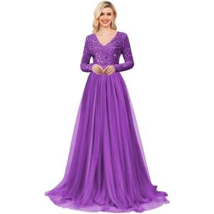imageLong Sleeve Sequin Prom Dresses for Women A Line Ball Gown V Neck Tulle Formal Dress Sparkly Evening GownsPurple