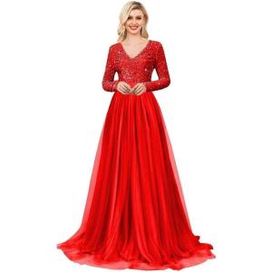 imageLong Sleeve Sequin Prom Dresses for Women A Line Ball Gown V Neck Tulle Formal Dress Sparkly Evening GownsRed