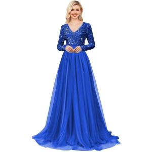 imageLong Sleeve Sequin Prom Dresses for Women A Line Ball Gown V Neck Tulle Formal Dress Sparkly Evening GownsRoyal Blue