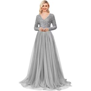 imageLong Sleeve Sequin Prom Dresses for Women A Line Ball Gown V Neck Tulle Formal Dress Sparkly Evening GownsSilver