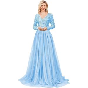 imageLong Sleeve Sequin Prom Dresses for Women A Line Ball Gown V Neck Tulle Formal Dress Sparkly Evening GownsSky Blue