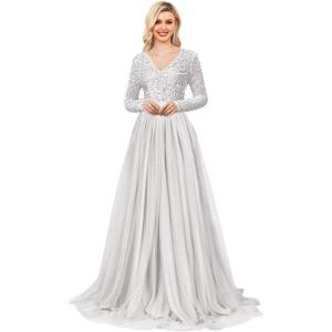 imageLong Sleeve Sequin Prom Dresses for Women A Line Ball Gown V Neck Tulle Formal Dress Sparkly Evening GownsWhite