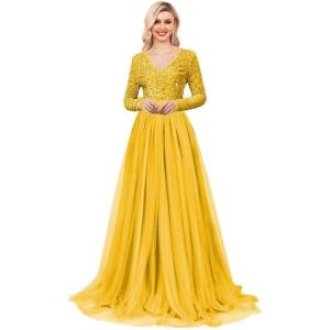 imageLong Sleeve Sequin Prom Dresses for Women A Line Ball Gown V Neck Tulle Formal Dress Sparkly Evening GownsYellow