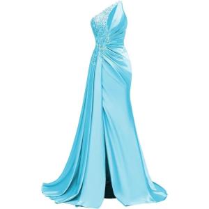 imageOne Shoulder Satin Prom Dresses Beaded Formal Dress Mermaid Evening Party DressAqua