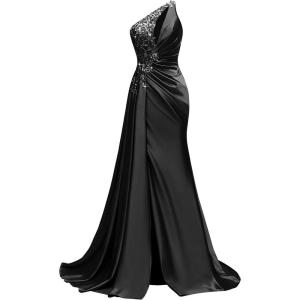 imageOne Shoulder Satin Prom Dresses Beaded Formal Dress Mermaid Evening Party DressBlack
