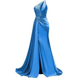 imageOne Shoulder Satin Prom Dresses Beaded Formal Dress Mermaid Evening Party DressBlue