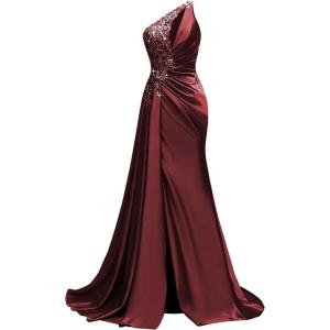 imageOne Shoulder Satin Prom Dresses Beaded Formal Dress Mermaid Evening Party DressBurgundy