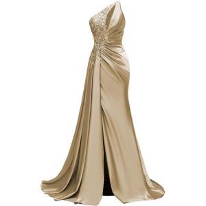 imageOne Shoulder Satin Prom Dresses Beaded Formal Dress Mermaid Evening Party DressChampagne