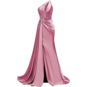 imageOne Shoulder Satin Prom Dresses Beaded Formal Dress Mermaid Evening Party DressDeserst Rose