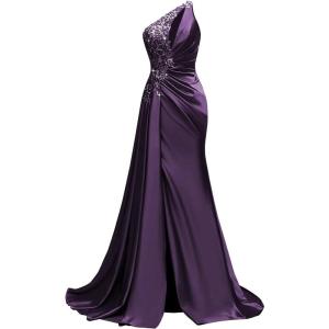 imageOne Shoulder Satin Prom Dresses Beaded Formal Dress Mermaid Evening Party DressGrape