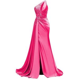 imageOne Shoulder Satin Prom Dresses Beaded Formal Dress Mermaid Evening Party DressHot Pink