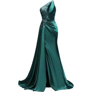 imageOne Shoulder Satin Prom Dresses Beaded Formal Dress Mermaid Evening Party DressPeacock