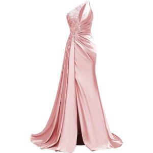 imageOne Shoulder Satin Prom Dresses Beaded Formal Dress Mermaid Evening Party DressPink