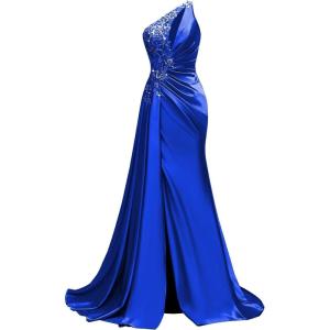 imageOne Shoulder Satin Prom Dresses Beaded Formal Dress Mermaid Evening Party DressRoyal Blue