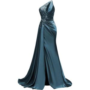 imageOne Shoulder Satin Prom Dresses Beaded Formal Dress Mermaid Evening Party DressTeal