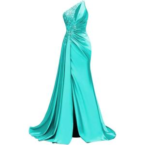 imageOne Shoulder Satin Prom Dresses Beaded Formal Dress Mermaid Evening Party DressTurquoise