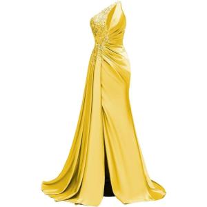 imageOne Shoulder Satin Prom Dresses Beaded Formal Dress Mermaid Evening Party DressYellow