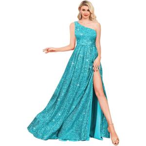 imageOne Shoulder Sequin Prom Dresses for Women Aline Plus Size Ball Gown Sparkly Formal Evening GownsAqua
