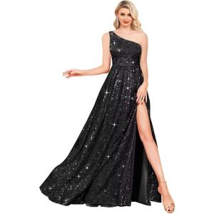 imageOne Shoulder Sequin Prom Dresses for Women Aline Plus Size Ball Gown Sparkly Formal Evening GownsBlack