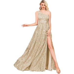 imageOne Shoulder Sequin Prom Dresses for Women Aline Plus Size Ball Gown Sparkly Formal Evening GownsChampagne