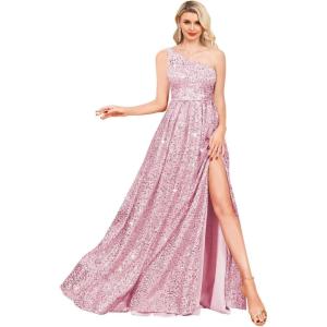 imageOne Shoulder Sequin Prom Dresses for Women Aline Plus Size Ball Gown Sparkly Formal Evening GownsDusty Pink