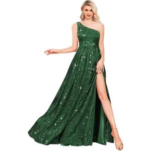 imageOne Shoulder Sequin Prom Dresses for Women Aline Plus Size Ball Gown Sparkly Formal Evening GownsEmerald Green