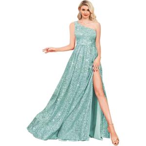 imageOne Shoulder Sequin Prom Dresses for Women Aline Plus Size Ball Gown Sparkly Formal Evening GownsIce Blue