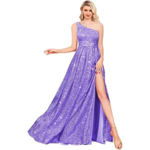 imageOne Shoulder Sequin Prom Dresses for Women Aline Plus Size Ball Gown Sparkly Formal Evening GownsLavender